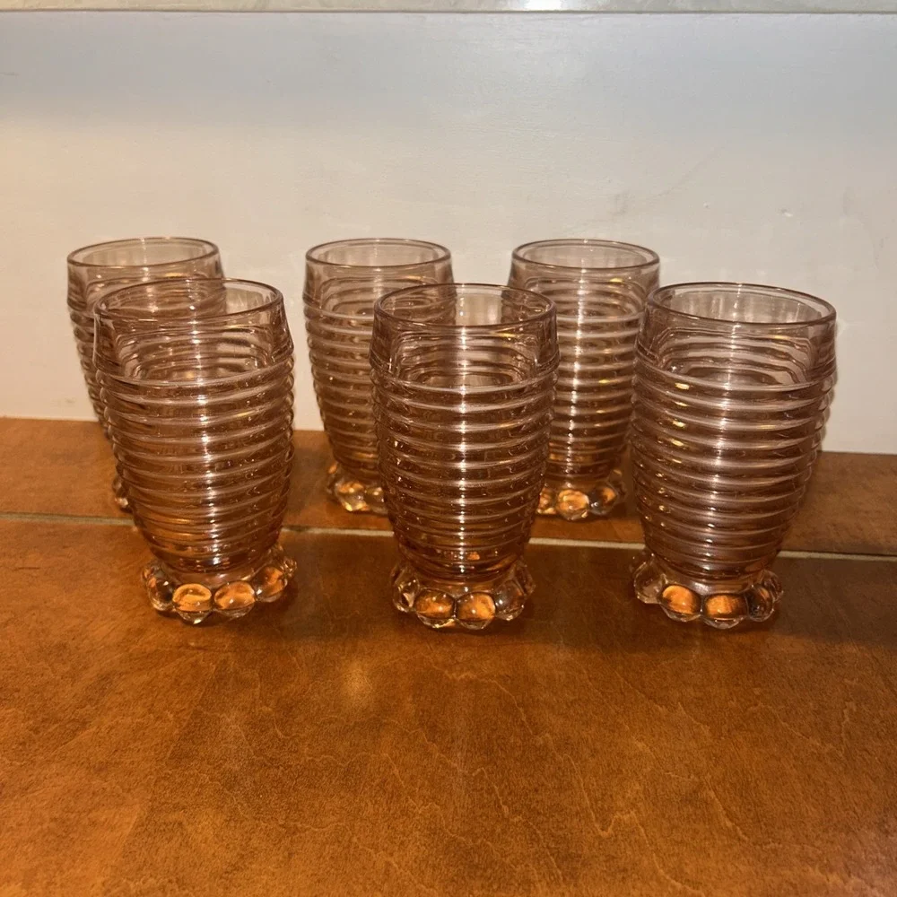 Anchor Hocking: MANHATTAN PINK 10oz FOOTED TUMBLER - Horizontal Rib Set Of 6
